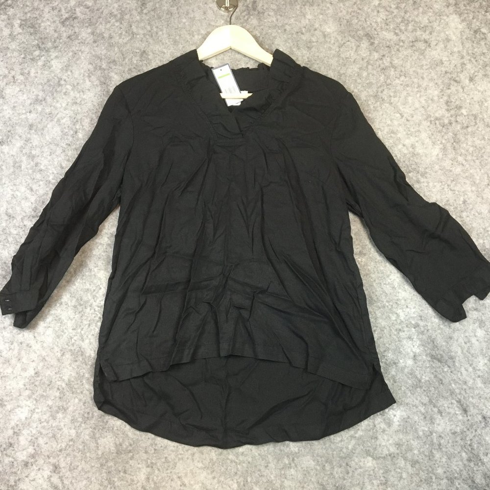 Crown Ivy Top S Blouse Ruffle Neck Dressy Long Sleeve Woven Solid Black Tencel